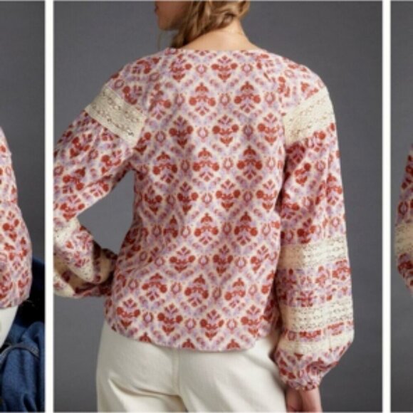 Anthropologie Eze Sur Mer Long Sleeve Boho Floral Lace Summer Shirt Small - Picture 2 of 8